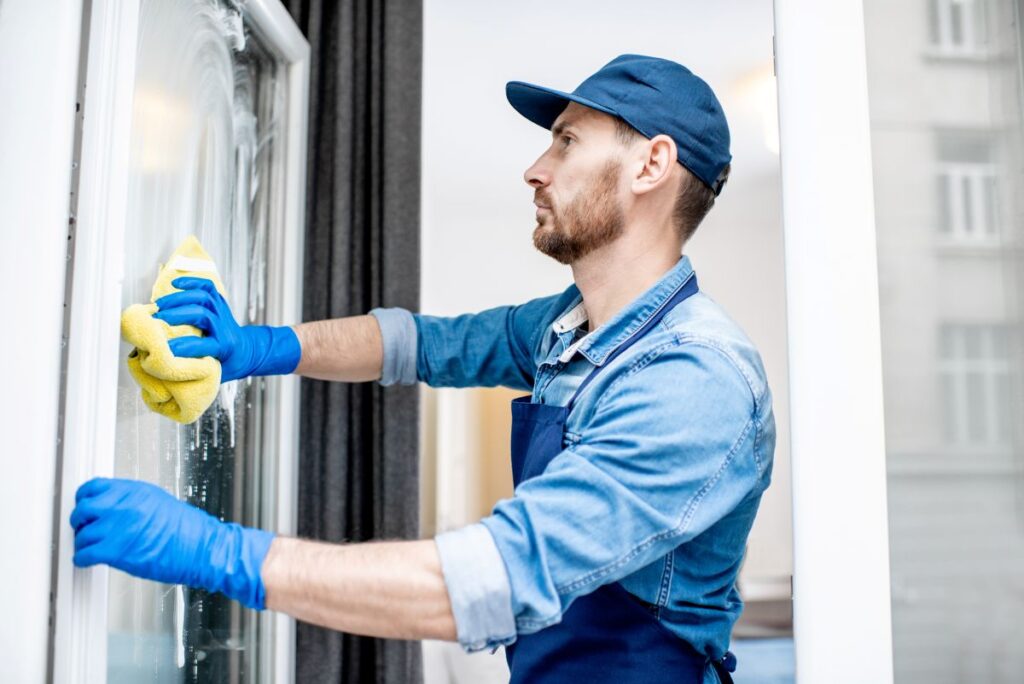 apartment building cleaning services man cleaning window blue clothes blue gloves
