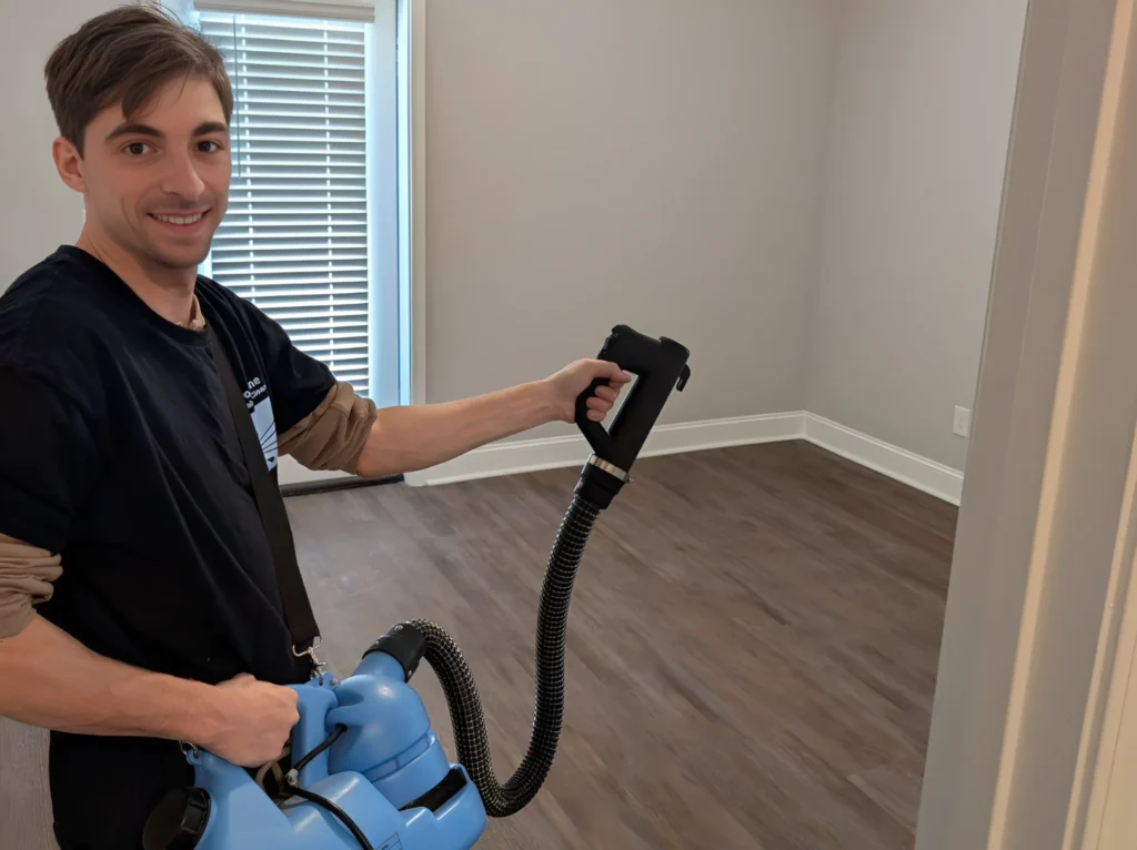 professional disinfection services Pro Shine worker holding bluemachine